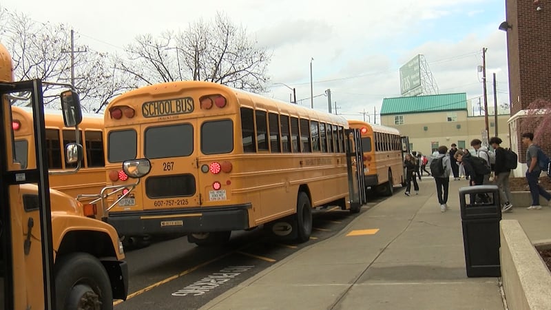Union-Endicott CSD buses gather at bus loop to pick up high school students.