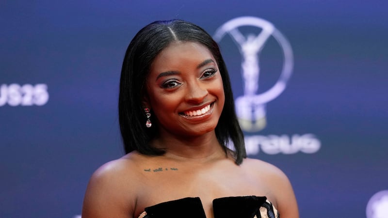 FILE - Simone Biles, of the United States, poses during the 2025 Laureus World Sports Awards...