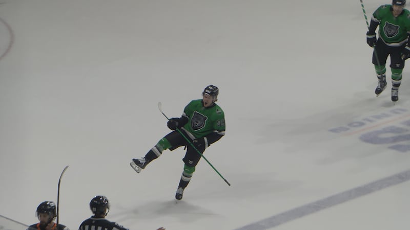 Zac Sirota celebrates the Black Bears third goal of the night putting them up 3-0 in the first...
