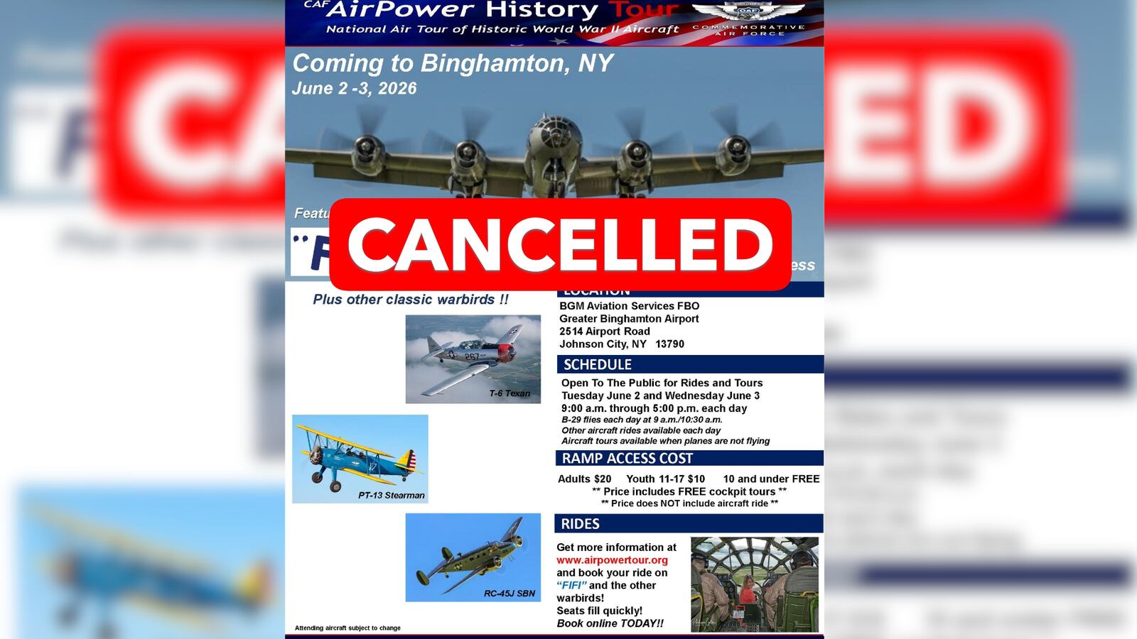 Greater Binghamton Airport cancels CAF Fly-In event